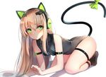  all_fours animal_ears arched_back arm_strap ass bangs black_legwear black_leotard blonde_hair blurry blush bow breasts brown_hair cat_ear_headphones cat_ears character_name closed_mouth depth_of_field eyebrows_visible_through_hair full_body girls_frontline green_bow green_eyes green_ribbon hair_between_eyes headphones leotard long_hair looking_at_viewer luse_maonang md5_mismatch medium_breasts paw_pose ribbon ringed_eyes shade shadow sidelocks simple_background socks solo tail tail_bow tail_raised tail_ribbon thigh_strap thighs tmp_(girls_frontline) very_long_hair white_background 