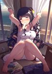  armpits arms_up bangs barefoot beach black_hair blush bottle bow brown_eyes brown_hair buttons cellphone charger corner curtain_grab curtains cutting_board dress food food_in_mouth full_body hair_bow hair_ribbon head_tilt horizon indoors kantai_collection knees_together_feet_apart knees_up long_hair looking_at_viewer magazine mouth_hold multicolored_hair naganami_(kantai_collection) no_pants nose_blush ocean on_floor panties pantyshot pantyshot_(sitting) phone popsicle ribbon satsuki_neko sexually_suggestive short_dress sitting sleeveless smartphone solo strapless strapless_dress sunlight sweat toes underwear water water_bottle wavy_hair white_dress white_panties window 