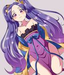  bare_shoulders bow breasts chinese_clothes collarbone commentary_request covered_navel dutch_angle fate/grand_order fate_(series) grey_background hair_ornament hair_scrunchie hanfu kneeling kounamuya long_hair long_sleeves looking_at_viewer off_shoulder pelvic_curtain purple_eyes purple_hair sash scrunchie shawl simple_background small_breasts solo strapless sweatdrop twintails very_long_hair wide_sleeves wu_zetian_(fate/grand_order) 