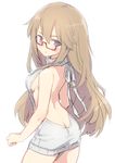  absurdres aran_sweater backless_dress backless_outfit bangs bare_back bare_shoulders blush breasts brown_hair butt_crack commentary_request cowboy_shot dress from_behind glasses grey_sweater hair_between_eyes halterneck highres hiraga_matsuri long_hair looking_at_viewer looking_back medium_breasts meme_attire naked_sweater original parted_lips purple_eyes red-framed_eyewear ribbed_sweater semi-rimless_eyewear sideboob simple_background sketch solo sweatdrop sweater sweater_dress turtleneck turtleneck_sweater under-rim_eyewear very_long_hair virgin_killer_sweater white_background 