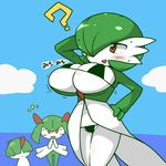  1boy 2girls ? arm_up bikini blue_background blush breasts bursting_breasts cloud gardevoir green_bikini green_hair hair_over_one_eye hand_behind_head hand_on_hip hand_to_own_mouth hands_together highres kirlia kuto_tubuyaki large_breasts multiple_girls navel no_humans ocean open_mouth outdoors pokemon pokemon_(creature) pokemon_rse ralts red_eyes short_hair simple_background skindentation sky smile standing sweat swimsuit text translation_request water 