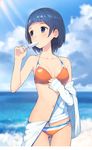  beach bikini blue_eyes blue_hair blush breasts cloud cowboy_shot day eating food halter_top halterneck highres idolmaster idolmaster_cinderella_girls jacket light_rays long_sleeves looking_away navel o-ring o-ring_bikini o-ring_bottom ocean off_shoulder okazaki_yasuha orange_bikini outdoors popsicle short_hair small_breasts solo sweat swimsuit teiryoku_lolita unzipped zipper 