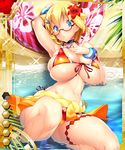  1girl beach bikini blonde_hair blue_eyes breasts card_(medium) female glasses huge_breasts looking_at_viewer potion_(moudamepo) shinohara_mari shiny_skin short_hair swimsuit taimanin_asagi_battle_arena taimanin_asagi_battle_arena_all_card_gallery water 