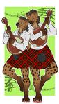  claws duo ezukapizumu female fur gnoll gnollbard hyena kilt male mammal mandolin music musical_instrument pawpads paws singing sporran spots spotted_fur standing tunic 