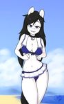  2017 anthro black_hair blue_eyes breasts cleavage clothed clothing collar cutie_mark equine fan_character femle freckles hair horse lamika mammal my_little_pony pony pose skecchiart solo swimsuit 