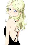  back backless_dress backless_outfit bare_back bare_shoulders black_dress blue_eyes blush braid commentary_request diana_cavendish dress eyebrows_visible_through_hair french_braid from_side korean_commentary light_green_hair little_witch_academia long_hair looking_at_viewer seren_lwa simple_background smile solo upper_body white_background 