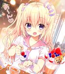 ahoge amanatsu_purin_(yadapot) bangs blonde_hair blouse blush bow cafe cherry collarbone commentary_request cup eyebrows_visible_through_hair feeding food fruit hair_between_eyes hair_bow hair_ornament hair_scrunchie heart holding holding_spoon ice_cream long_hair looking_at_viewer open_mouth original parfait pov_feeding purple_eyes sailor_collar saucer scrunchie short_sleeves smile solo speech_bubble spoon sundae teacup teapot twintails upper_body wafer_stick white_blouse yadapot 