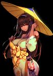  absurdres adjusting_hair bare_shoulders breasts brown_hair commentary_request covered_nipples curvy flower hair_ornament han-0v0 highres japanese_clothes large_breasts long_hair looking_at_viewer oriental_umbrella red_eyes smile solo standing umbrella xianjian_qixiazhuan_huanlijing 