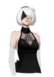  absurdres bare_shoulders blindfold breasts cleavage elbow_gloves flower gloves gods_(1073337800) hair_flower hair_ornament hairband highres medium_breasts mole mole_under_mouth nier_(series) nier_automata parted_lips see-through simple_background sleeveless solo white_background white_gloves white_hair yorha_no._2_type_b 