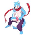  3_toes 4_fingers al-cat animal_genitalia animal_penis blue_fur canine canine_penis clothing erection fundoshi fur japanese_clothing male mammal penis scar scarf simple_background sitting solo toes underwear white_fur wolf 