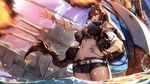  :o absurdres azur_lane bare_shoulders belt bracelet braid breasts brown_eyes brown_hair commentary_request covered_nipples cowboy_shot crop_top detached_sleeves firing hair_between_eyes hair_ornament han-0v0 hand_on_hip highres jewelry large_breasts long_hair midriff native_american navel ocean open_mouth outstretched_arm short_shorts shorts side_braid single_braid skindentation solo south_dakota_(azur_lane) stomach turret v-shaped_eyebrows very_long_hair wading water wet 