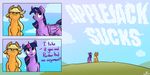  2017 applejack_(mlp) blonde_hair cutie_mark duo earth_pony english_text equine feathered_wings feathers female feral friendship_is_magic fur green_eyes hair hat horn horse mammal multicolored_hair my_little_pony open_mouth pony purple_eyes purple_hair text theponysketchguy twilight_sparkle_(mlp) unicorn winged_unicorn wings 