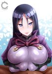  black_hair blue_eyes blush bodysuit breast_squeeze breasts cilica closed_mouth deep_skin fate/grand_order fate_(series) hair_between_eyes highres huge_breasts long_hair looking_at_viewer minamoto_no_raikou_(fate/grand_order) paizuri paizuri_under_clothes pov pov_crotch purple_bodysuit smile tsurime upper_body 