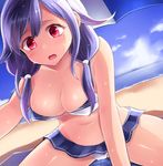  adapted_costume beach between_legs bikini_bottom bikini_top blue_hair blue_sky breasts cleavage cloud commentary_request day downblouse hair_over_shoulder hair_tie hand_between_legs kantai_collection large_breasts leaning_forward long_hair low_twintails navel neit_ni_sei ocean open_mouth outdoors red_eyes sand shadow sidelocks sitting sky solo sweat taigei_(kantai_collection) twintails umbrella 