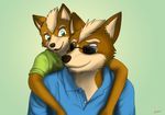  age_difference brown_fur canine clothing cute eye_contact eyewear father father_and_son fox fox_mccloud fur green_eyes gupa507 hair hug james_mccloud male mammal mature_male multicolored_fur nintendo open_mouth parent shirt smile son star_fox sunglasses two_tone_fur video_games white_fur white_hair 