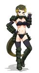  &gt;:) alligator_snapping_turtle_(kemono_friends) alligator_tail armor armored_boots bikini black_gloves black_legwear blonde_hair boots breasts claw_pose cleavage cowfee elbow_gloves fingerless_gloves full_body gloves green_eyes green_hair grin hand_on_hip highres kemono_friends looking_at_viewer medium_breasts multicolored_hair navel shoulder_armor simple_background smile solo swimsuit teeth thighhighs two-tone_hair v-shaped_eyebrows white_background 