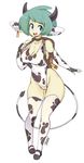  :d animal_ears animal_print artist_name backpack bad_id bad_twitter_id bag bell blue_eyes breasts choker cleavage covered_navel cow_ears cow_girl cow_horns cow_print cow_tail earrings elbow_gloves fingerless_gloves freckles full_body gloves green_hair highleg highleg_leotard highres horns jewelry leotard looking_at_viewer medium_breasts open_mouth original short_hair simple_background slugbox smile solo standing tail thighhighs white_background white_legwear yellow_skin 