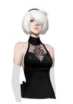 absurdres bare_shoulders blindfold_removed blue_eyes breasts cleavage elbow_gloves flower gloves gods_(1073337800) hair_flower hair_ornament hair_over_one_eye hairband highres medium_breasts mole mole_under_mouth nier_(series) nier_automata parted_lips see-through simple_background sleeveless solo white_background white_gloves white_hair yorha_no._2_type_b 