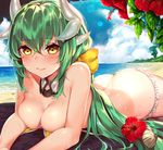  ass bare_shoulders beach bikini blue_sky blush bow breasts butt_crack cleavage closed_mouth cloud cloudy_sky day detached_collar eyebrows_visible_through_hair fate/grand_order fate_(series) flower green_hair hair_between_eyes hair_bow hair_flower hair_ornament horns kaerunoko kiyohime_(fate/grand_order) kiyohime_(swimsuit_lancer)_(fate) light_particles long_hair looking_at_viewer lowleg lowleg_bikini lying medium_breasts on_stomach outdoors shell sky smile solo swimsuit untied untied_bikini wet wet_hair yellow_bikini yellow_eyes 