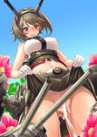  ass_visible_through_thighs blush breasts brown_eyes brown_hair chain collar cum cum_in_pussy day flower from_below gloves grey_skirt headgear kantai_collection large_breasts looking_at_viewer looking_down metal_belt miniskirt mutsu_(kantai_collection) navel no_panties open_mouth outdoors pleated_skirt rigging skirt skirt_lift sky smokestack solo turret white_gloves yasu_(yossy) 