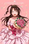  :d ^_^ bare_shoulders blush bouquet breasts brown_hair cleavage closed_eyes commentary_request cowboy_shot dress flower happy_tears idolmaster idolmaster_cinderella_girls jewelry long_hair medium_breasts necklace one_side_up open_mouth pearl_necklace pink_dress sakichi shimamura_uzuki smile solo sparkle tears tiara 