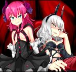  asymmetrical_horns blue_eyes breasts carmilla_(fate/grand_order) cleavage commentary_request corset dragon_girl elizabeth_bathory_(fate) elizabeth_bathory_(fate)_(all) fate/extra fate/extra_ccc fate/grand_order fate_(series) fingernails horns large_breasts long_fingernails long_hair looking_at_viewer looking_down multiple_girls pink_hair plaid plaid_skirt pointy_ears silver_hair skirt smile yarareimu yellow_eyes 