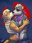  anthro canine clothed clothing duo embrace fox fox_mccloud fully_clothed k-9 kissing male male/male mammal muscular muscular_male nintendo partially_clothed size_difference star_fox topless video_games wolf wolf_o&#039;donnell 