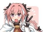  astolfo_(fate) black_bow bow braid cape fang fate/apocrypha fate/grand_order fate_(series) fur_trim hair_ribbon male_focus multicolored_hair ohitashi_netsurou open_mouth pink_hair purple_eyes ribbon single_braid smile streaked_hair v 