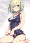  bangs blue_swimsuit blush bob_cut breasts character_name closed_mouth collarbone commentary_request eyebrows_visible_through_hair green_eyes green_hair hair_between_eyes highres hiraga_matsuri large_breasts looking_at_viewer name_tag one-piece_swimsuit ono_(hirasato) original revision school_swimsuit short_hair sitting sketch smile solo swimsuit swimsuit_pull thighs wariza 