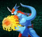  2017 anthro belt big_tail blue_scales blue_skin butt claws digimon feet fire flamedramon half-top long_tail male mask rear_view red_eyes reptile scales scalie sharp_claws solo straps オロー 