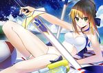  artoria_pendragon_(all) artoria_pendragon_(swimsuit_archer) ball beachball blanket blonde_hair blue_bow blue_ribbon blush bow breasts cleavage closed_mouth eyebrows_visible_through_hair fate/grand_order fate/stay_night fate_(series) fuotchan green_eyes hair_bow holding holding_sword holding_weapon looking_at_viewer medium_breasts ribbon sitting smile solo swimsuit sword umbrella water_gun weapon 