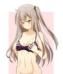  blush bra breast_conscious breasts brown_eyes brown_hair collarbone covering covering_breasts girls_frontline highres long_hair medium_breasts navel no_panties one_side_up scar solo ukeuke ump45_(girls_frontline) underwear 