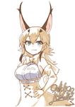  :3 animal_ears aqua_eyes artist_name bare_shoulders bow bowtie breasts brown_hair caracal_(kemono_friends) caracal_ears caracal_tail dated elbow_gloves gloves hair_between_eyes hand_on_hip high-waist_skirt kemono_friends large_breasts long_hair looking_at_viewer shirt signature simple_background skirt sleeveless sleeveless_shirt smile solo white_background white_shirt yoshida_hideyuki 
