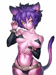  2017 :3 anthro armor belt_buckle bra bracers breasts claws cleavage clothed clothing dragon_ball dragon_ball_super eyebrows eyelashes feline female fumio_(rsqkr) fur hair hop_(dragon_ball) humanoid inner_ear_fluff looking_at_viewer mammal panties purple_hair simple_background slim solo striped_fur stripes thong underwear wide_hips yellow_eyes 