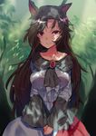  animal_ears asuzemu breasts brooch brown_hair collarbone dappled_sunlight day dress forest imaizumi_kagerou jewelry large_breasts leaf long_sleeves looking_at_viewer nature outdoors plant red_eyes shade solo sunlight touhou tree tree_shade wide_sleeves wolf_ears 