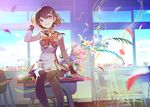  absurdres black_legwear blush brown_eyes brown_hair chair classroom desk eighth_note eyebrows_visible_through_hair flower goodbye highres long_sleeves looking_at_viewer musical_note muta open_mouth rosele sitting smile solo staff_(music) thighhighs yan_xi 