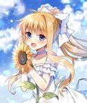  :d ahoge air bangs blonde_hair blue_eyes blush commentary_request day dress eyebrows_visible_through_hair floating_hair flower hair_ribbon holding holding_flower kamio_misuzu long_hair looking_at_viewer mauve open_mouth outdoors ribbon sidelocks smile solo sundress sunflower upper_body very_long_hair white_dress white_ribbon 