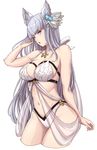  :o animal_ears arm_at_side arm_up bangs bikini blue_eyes blunt_bangs breasts chestnut_mouth cleavage cowboy_shot cropped_legs erune eyebrows_visible_through_hair flower granblue_fantasy hair_flower hair_ornament hair_tucking jewelry korwa large_breasts long_hair looking_at_viewer michihasu navel necklace open_mouth pendant silver_hair simple_background solo swimsuit tsurime very_long_hair white_background white_bikini 