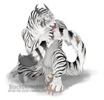  alpha_channel anthro blackchaos666 charr claws fangs feline female flat_chested fluffy fluffy_tail fur guild_wars hair hi_res holding_tail horn licking mammal multi_ear nude simple_background solo striped_fur stripes tongue tongue_out transparent_background url video_games watermark white_fur 