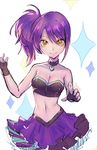  absurdres bad_id bad_pixiv_id bow breasts choker cleavage fingerless_gloves gloves hair_bow heart heart_necklace highres layered_skirt looking_at_viewer medium_breasts midriff navel pretty_(series) pripara purple_hair saku_t side_ponytail smile strapless toudou_shion tubetop yellow_eyes 