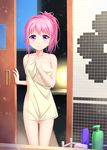  bathroom blush breasts collarbone commentary covering covering_breasts cowboy_shot door highres light_smile long_hair looking_at_viewer medium_breasts naked_towel original pink_hair ponytail purple_eyes shampoo_bottle solo tile_wall tiles towel tucana 
