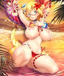  1girl beach bikini blonde_hair blue_eyes breasts female flower glasses hair_flower hair_ornament huge_breasts looking_at_viewer nipples potion_(moudamepo) puffy_nipples shinohara_mari shiny_skin short_hair smile swimsuit taimanin_asagi_battle_arena water 