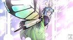  absurdres antennae bangs blue_hair breasts bright_background bug butterfly butterfly_wings cloud cloudy_sky day dress eternity_larva flying green_dress hair_ornament highres insect leaf leaf_hair_ornament looking_at_viewer malik short_hair sky smile solo sunlight touhou wings yellow_eyes 