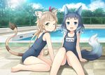  :d ;) animal_ears barefoot black_hair blue_eyes blush brown_hair closed_mouth collarbone green_eyes highres long_hair looking_at_viewer monmusu_harem multiple_girls namaru_(summer_dandy) name_tag one-piece_swimsuit one_eye_closed open_mouth pool poolside school_swimsuit seiza short_hair sitting smile swimsuit tail wolf_ears wolf_tail 
