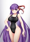  bb_(fate)_(all) bb_(fate/extra_ccc) black_swimsuit competition_swimsuit cowboy_shot cowfee fate/extra fate/extra_ccc fate_(series) hair_ribbon highres long_hair looking_at_viewer one-piece_swimsuit one_eye_closed purple_eyes purple_hair red_ribbon ribbon smile solo standing swimsuit very_long_hair 