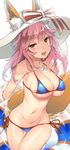  :d animal_ears bikini blue_bikini bow breasts brown_eyes cowboy_shot ears_through_headwear eyebrows_visible_through_hair fate/extra fate/extra_ccc fate/grand_order fate_(series) fox_ears fox_tail fujisaka_kuuki hat hat_bow hat_ribbon highres innertube jewelry large_breasts looking_at_viewer navel necklace open_mouth pink_hair ribbon side-tie_bikini skindentation smile solo string_bikini sun_hat swimsuit tail tamamo_(fate)_(all) tamamo_no_mae_(fate) tamamo_no_mae_(swimsuit_lancer)_(fate) thigh_gap white_hat 