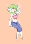  1girl absurdres arm_up artist_name bare_shoulders blue_pants blush blushpumpkin breasts cleavage eyebrows_visible_through_hair eyes_closed full_body gardevoir green_hair hair_over_one_eye heart knees_together_feet_apart medium_breasts navel no_humans open_mouth orange_background pants pokemon pokemon_(creature) pokemon_rse shiny_skin short_hair signature simple_background sitting sleeveless smile solo sports_bra steam sweat text towel white_towel yoga_pants 
