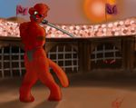  2017 anthro arena audience bdsm bit_gag bondage bound chastity chastity_cage crowd digital_media_(artwork) feline fight fur gag gagged group herseio holding_object holding_weapon invalid_tag katana male mammal melee_weapon nude outside panther penis public rope simple_background solo sword weapon 