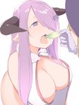  bare_shoulders blue_eyes breasts cleavage djeeta_(granblue_fantasy) fujiyama granblue_fantasy hair_over_one_eye horns large_breasts leaf leaning_forward long_hair narmaya_(granblue_fantasy) open_mouth pointy_ears purple_hair saliva simple_background solo_focus tongue warlock_(granblue_fantasy) white_background 