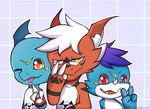  2017 ahmadkniam blue_hair claws cute digimon dragon eyewear fan_character giramon glasses guilmon hair hi_res hybrid lizard looking_at_viewer male open_mouth red_eyes reptile scalie silver_hair simple_background smile sol_(character) sol_the_guilmon sven_(character) sven_the_giramon tongue tongue_out vee4eva veemon vmon yami_(character) yami_the_veemon yellow_eyes 